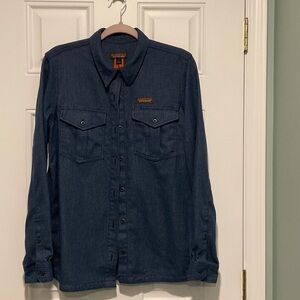 Patagonia Blue Denim-Style Button Shirt with Orange Tag